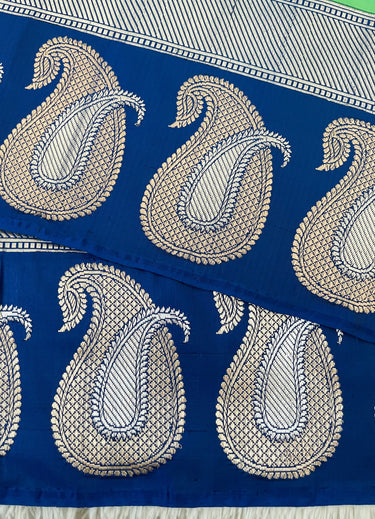 Banarasi Katan pure silk saree | Navy Blue and Parrot Green | Gold & Silver Zari | Kadiyal border | Handwoven | Ships from California